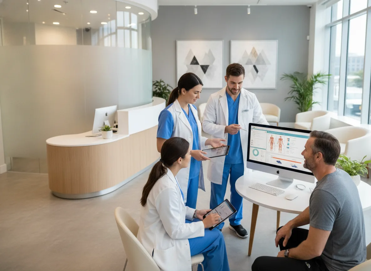 Modern physiotherapy clinic team reviewing rehabilitation software on